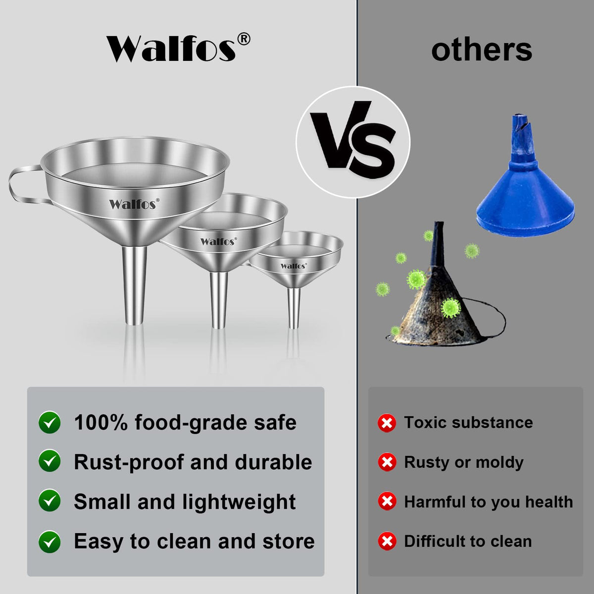 Walfos hanging-loop design keeps the funnels neatly stored in the kitchen.