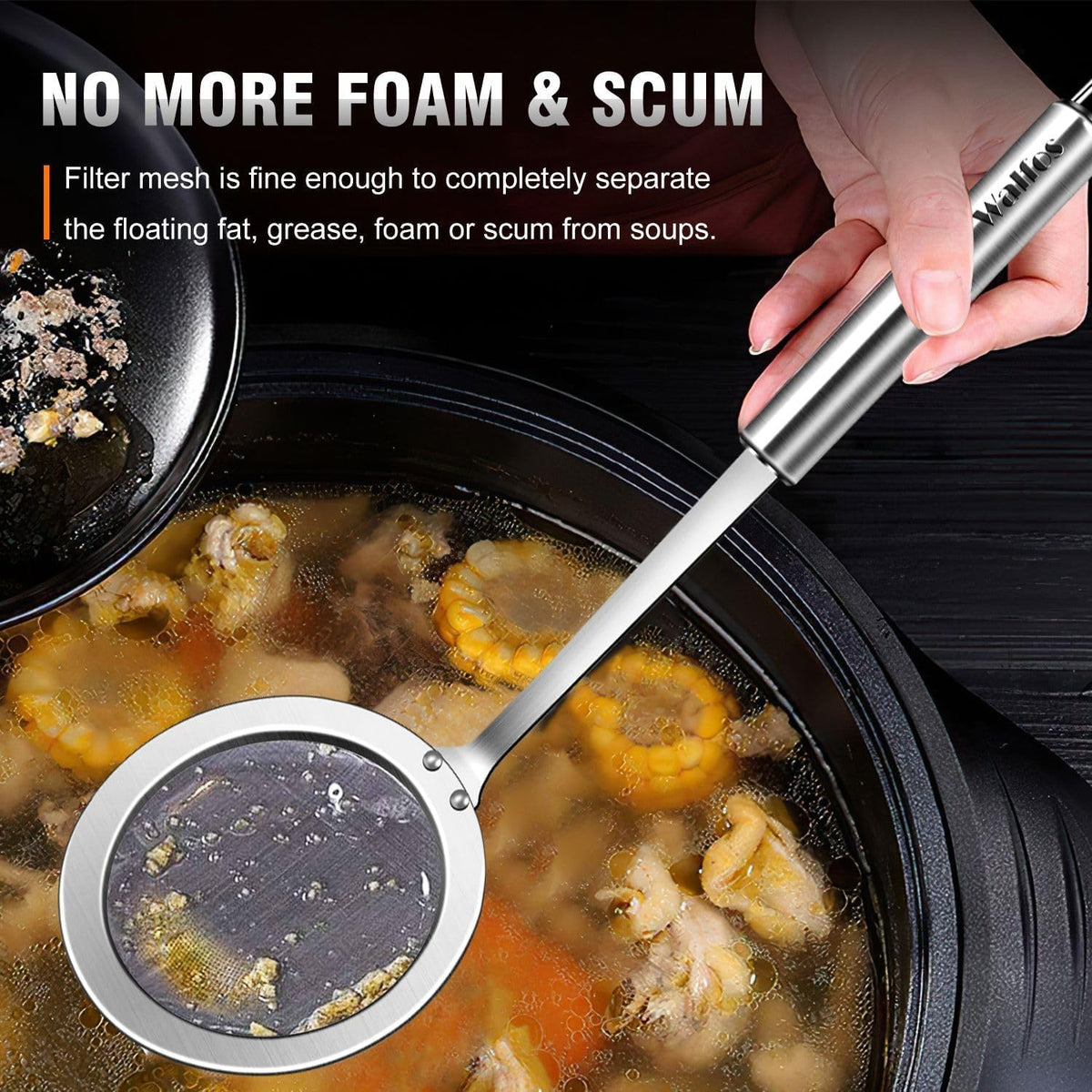 Walfos hollow-handle design makes hanging storage easy in a compact kitchen.