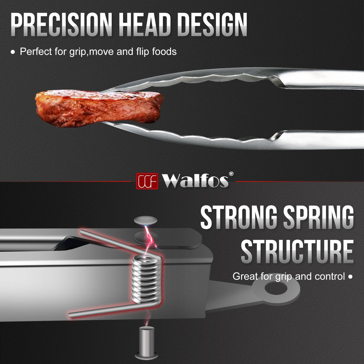 Walfos 12-inch kitchen tong provides extra length for grilling.