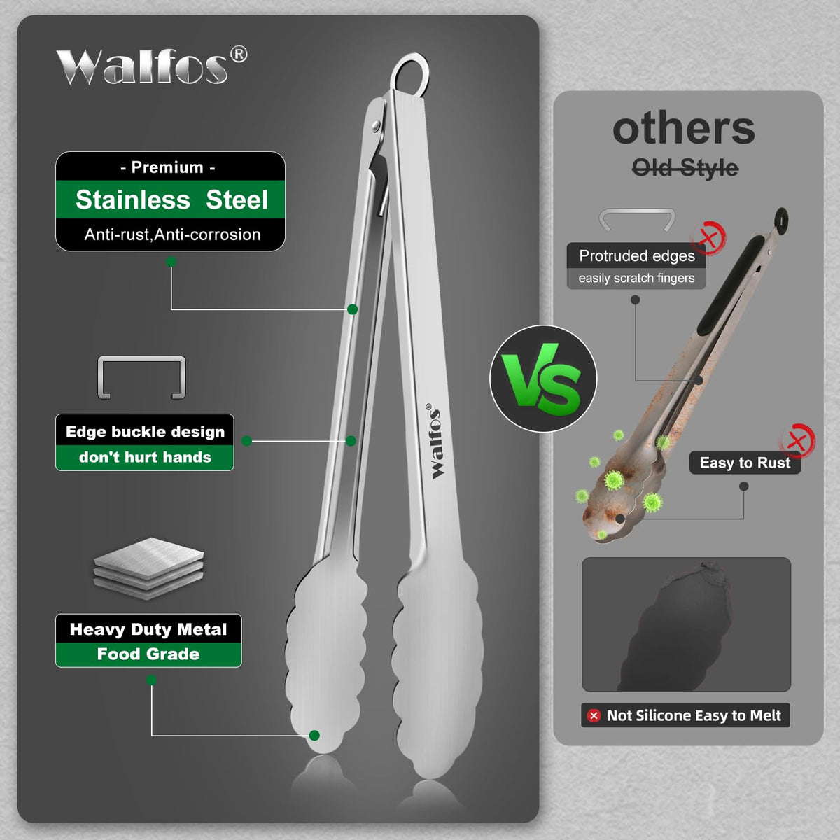 Walfos outdoor-grilling tongs ideal for barbecues and camping.