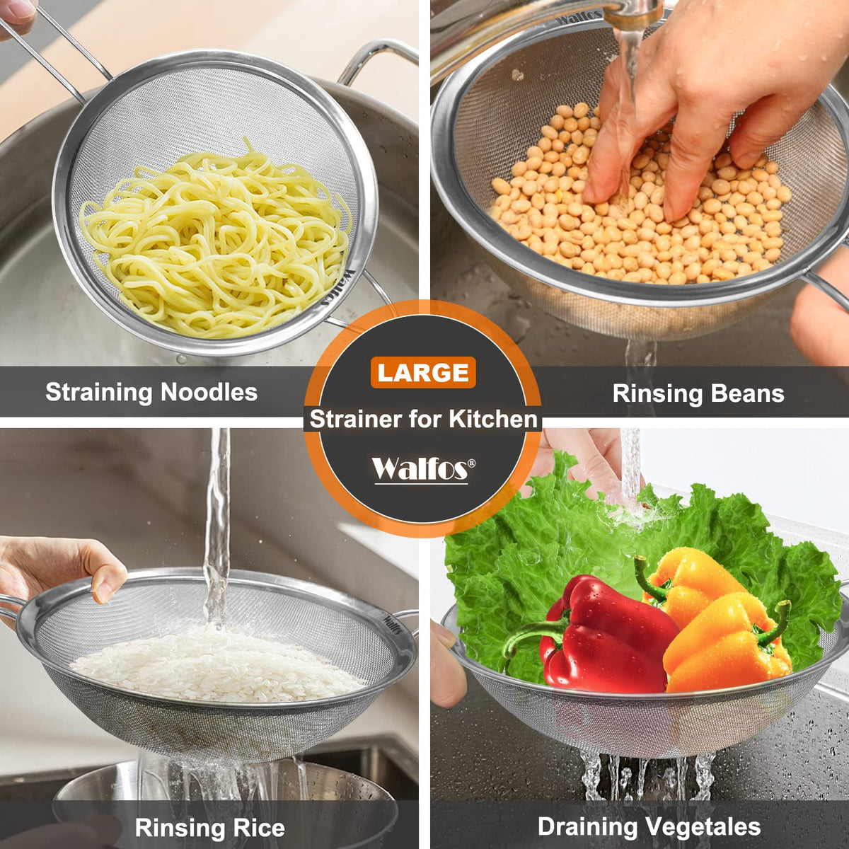 Walfos large mesh strainer 9.35-inch ideal for bigger batches like pasta