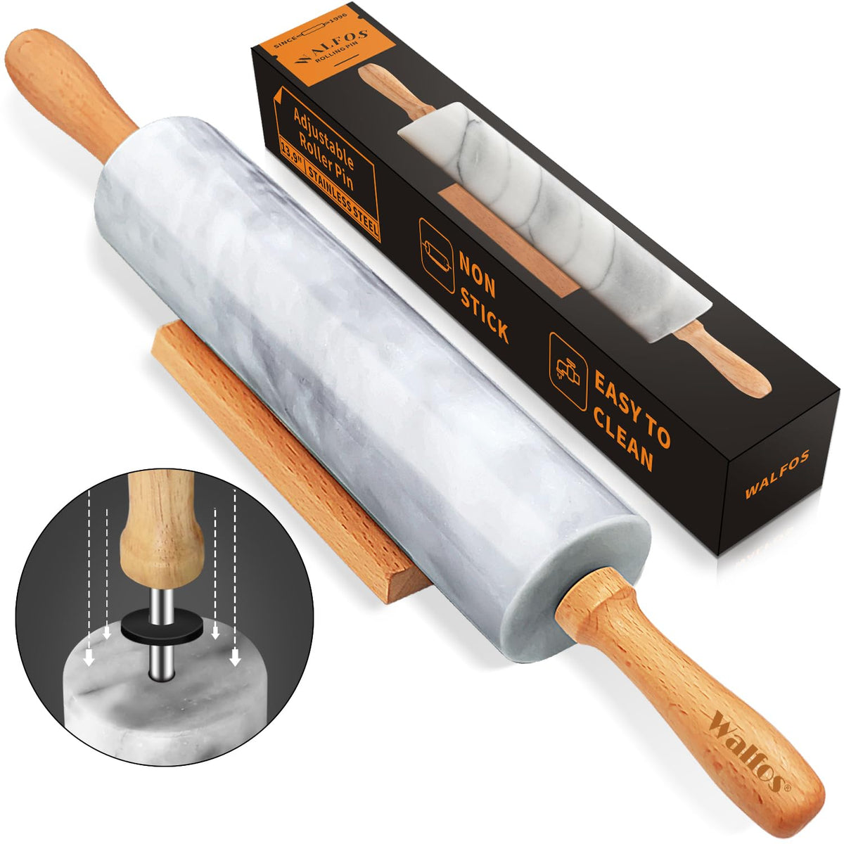 Walfos marble rolling pin with gray-white finish for smooth pizza dough