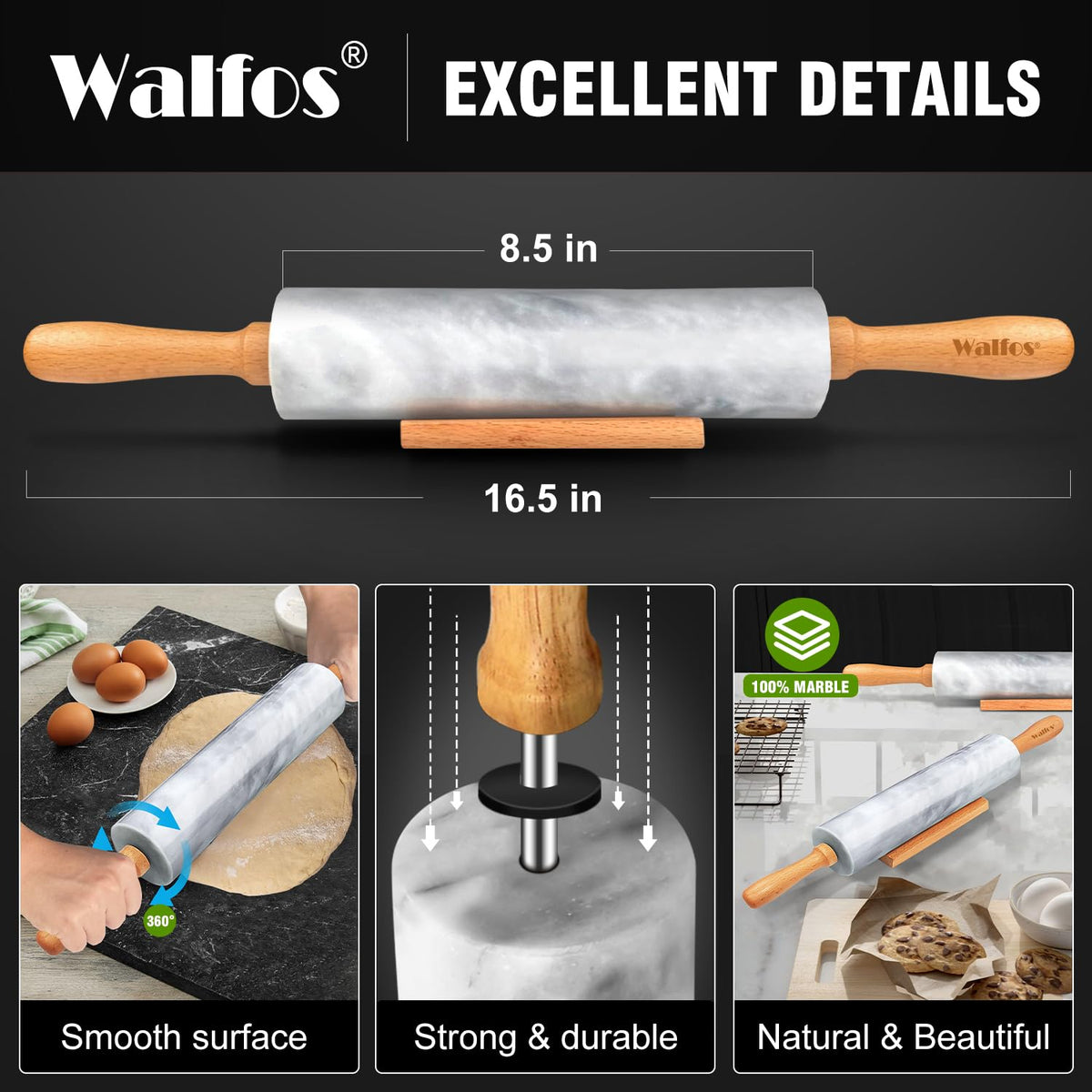 Walfos marble rolling pin with wooden handles and protective cradle for organized storage