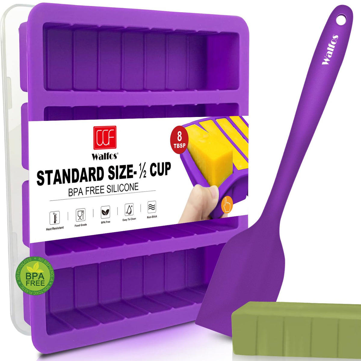 Walfos silicone butter mold set with lid and spatula for easy portioning.