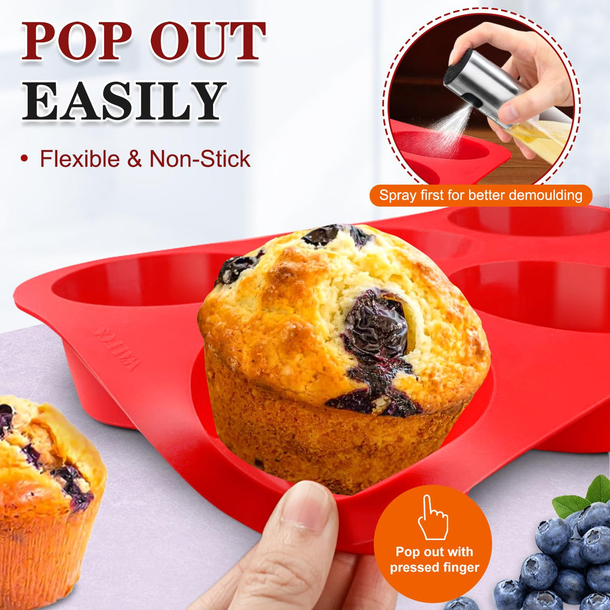 Walfos silicone Texas muffin pan is oven and microwave safe for versatile baking