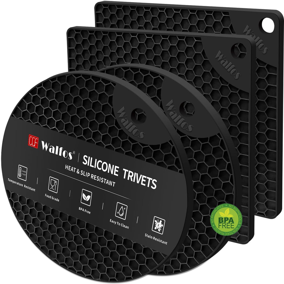 Walfos square silicone trivet protects countertop from hot pots.