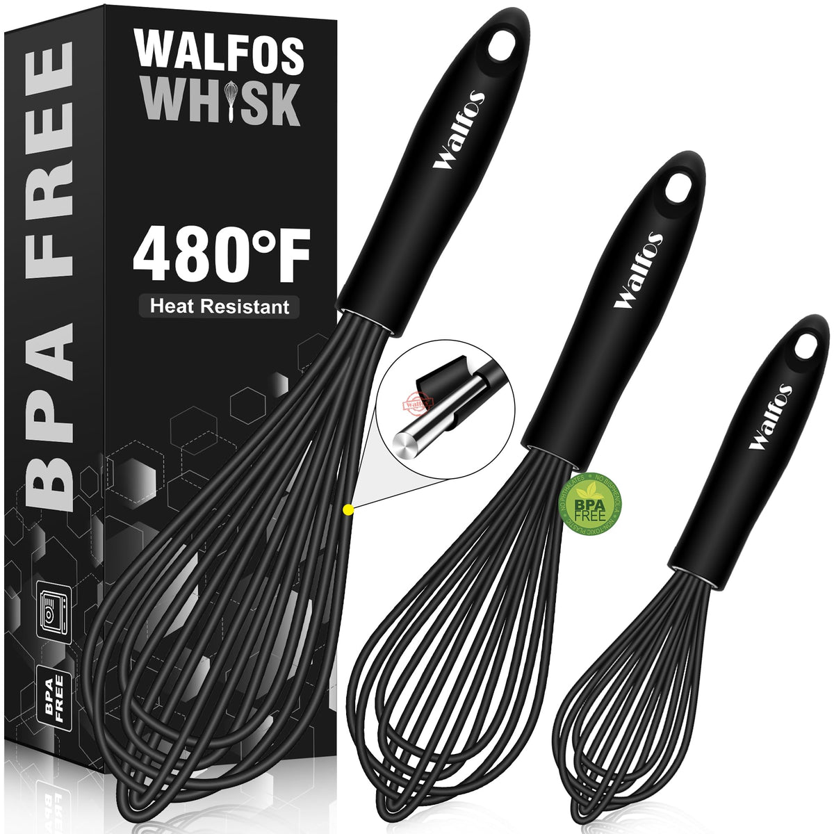 Walfos 3-piece silicone whisk set shown in assembly view for versatile nonstick cooking