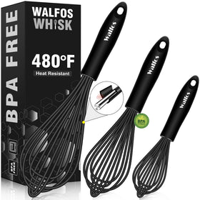 Walfos 3-piece silicone whisk set shown in assembly view for versatile nonstick cooking