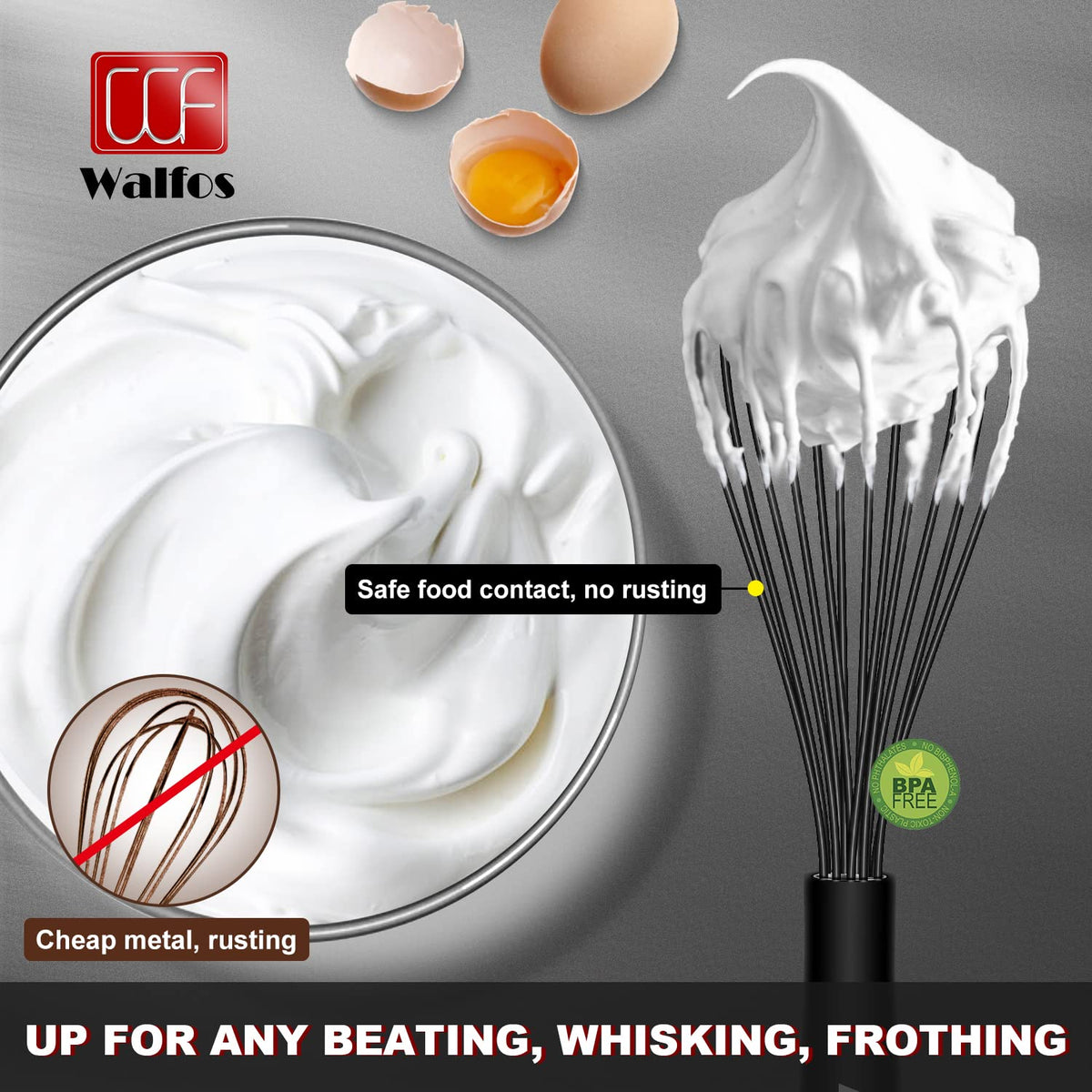 Walfos silicone whisk demonstrates heat resistance up to 480°F for high-heat tasks