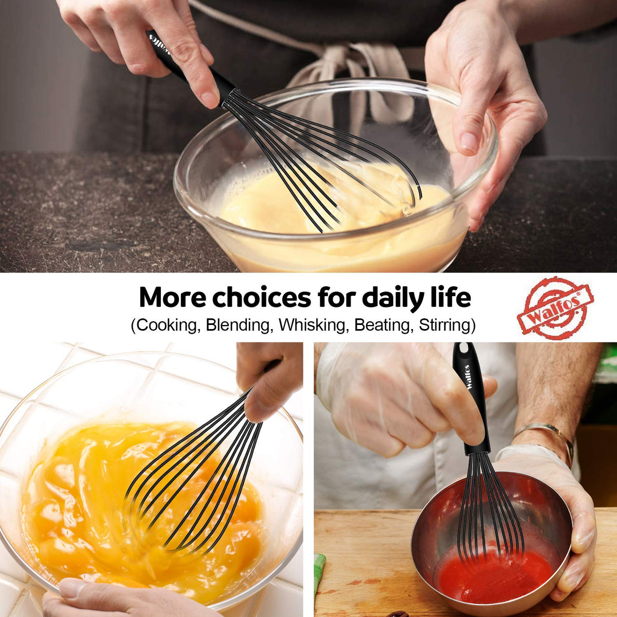 Walfos silicone whisk in action whisking batter and eggs
