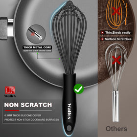 Walfos silicone whisk with cushioned silicone coating protecting nonstick cookware