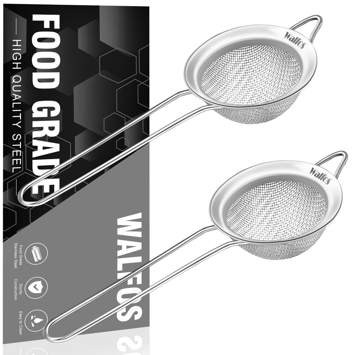 Walfos two-pack small fine mesh tea strainer with handle for precise filtration.