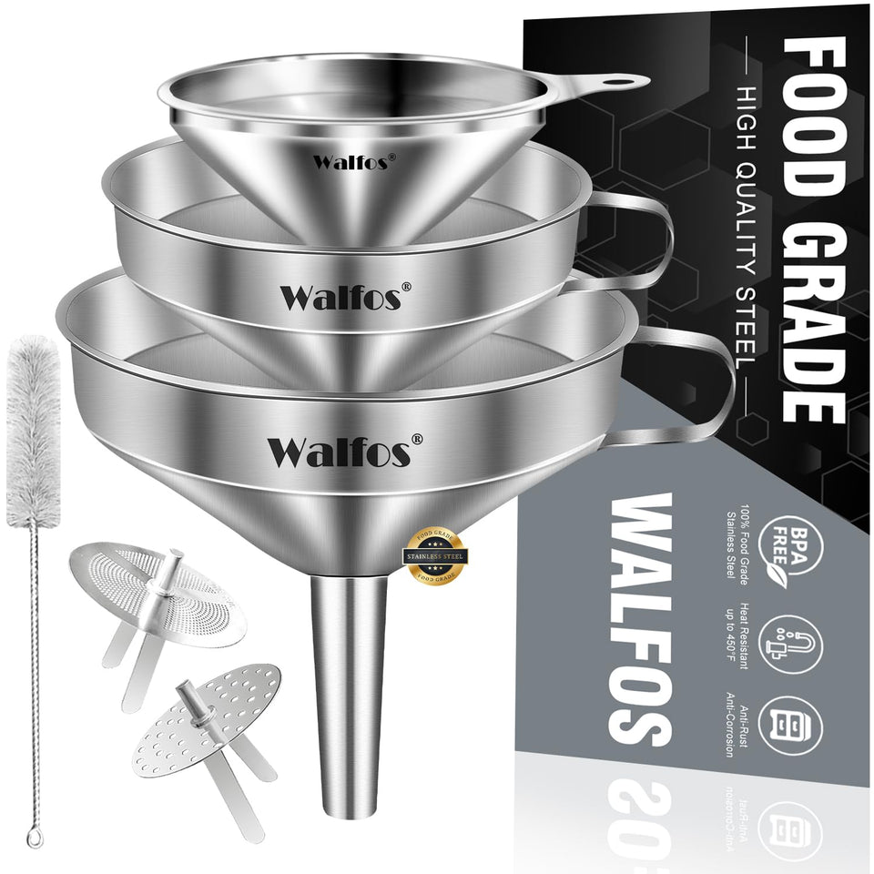 Walfos stainless steel funnel large mouth pouring oil into jar for mess-free transfer