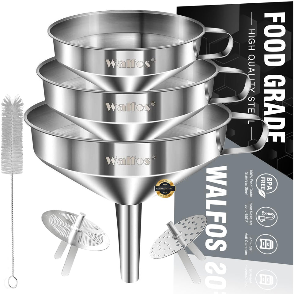 Walfos stainless steel large-mouth funnel for easy liquid transfer with minimal spills.