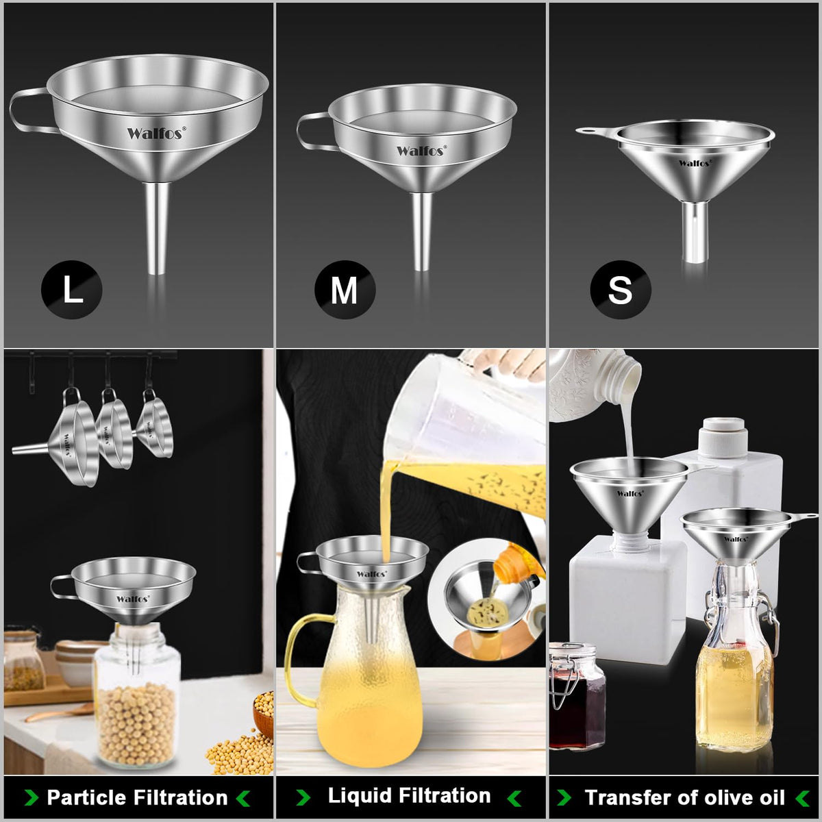 Walfos stainless steel funnel medium mouth filling juice or liquid into bottles