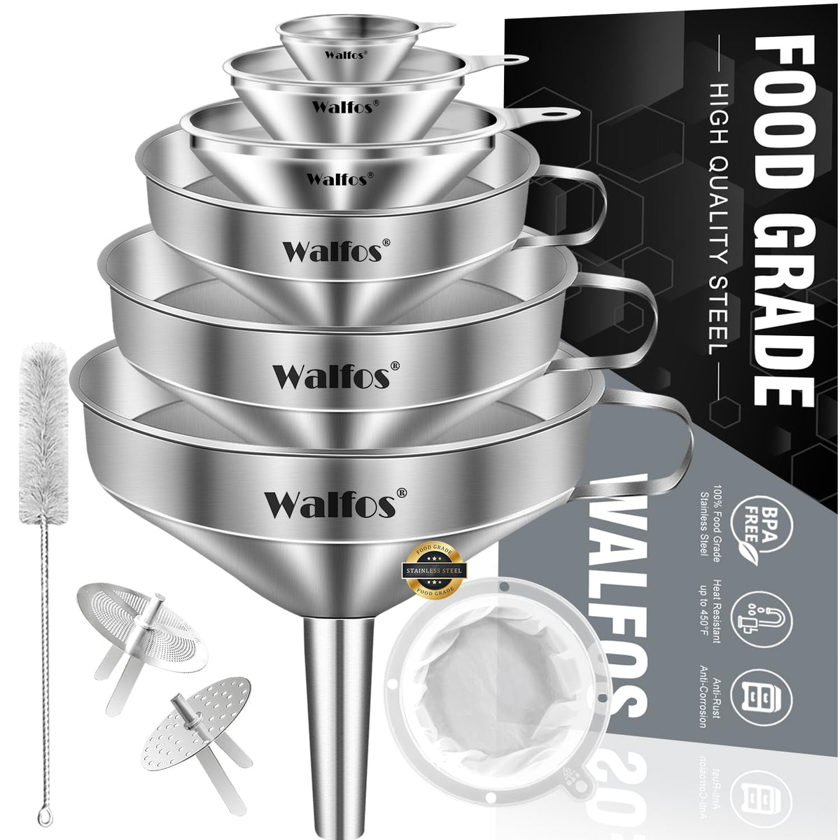 Walfos stainless steel funnel set in six sizes for precise pouring