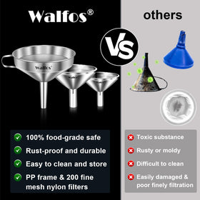 Walfos stainless steel funnel with two removable strainers prevents clogs