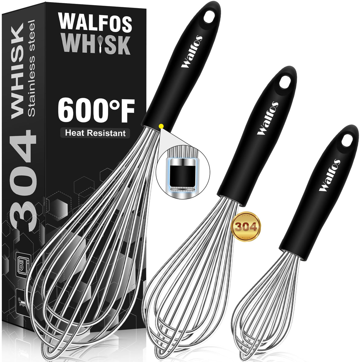 Walfos 8.5in stainless steel whisk with sturdy wire for heavy batters