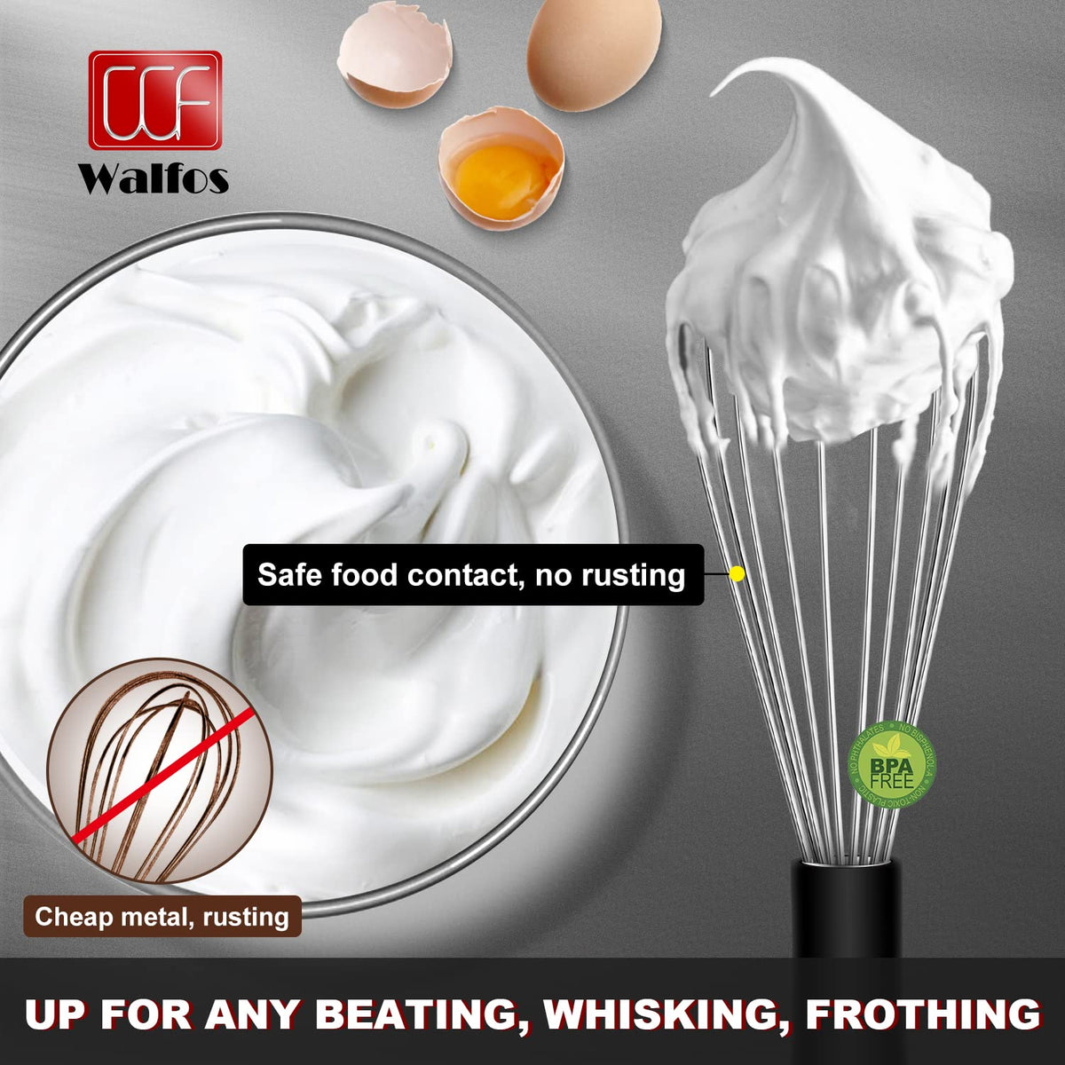 Walfos 9in whisk featuring a non-slip frosted handle for comfortable whisking