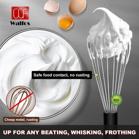 Walfos 9in whisk featuring a non-slip frosted handle for comfortable whisking