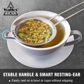 Walfos strainer with long handle supports hands-free pouring and dipping.