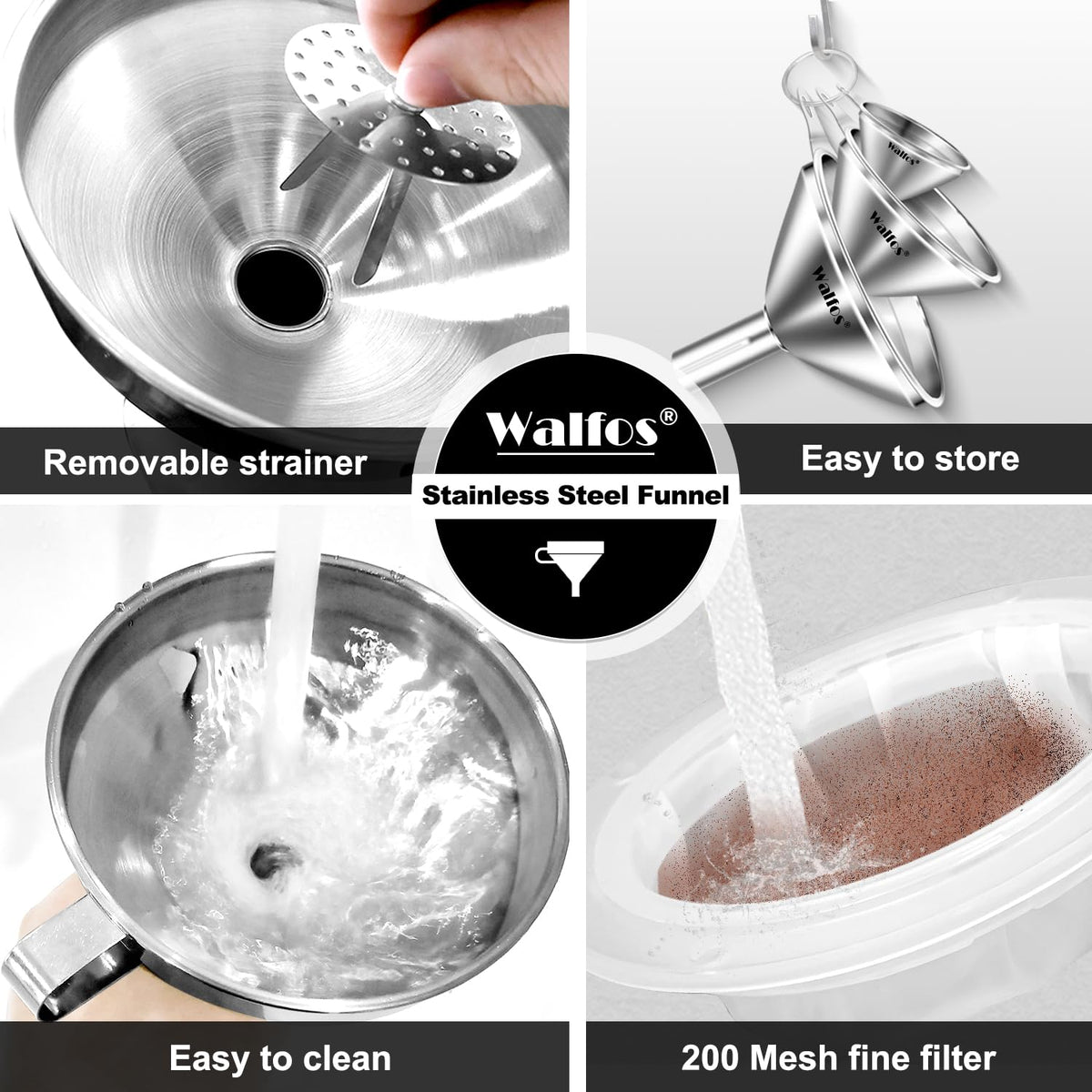 Walfos funnels for transferring oils, juices, or powders