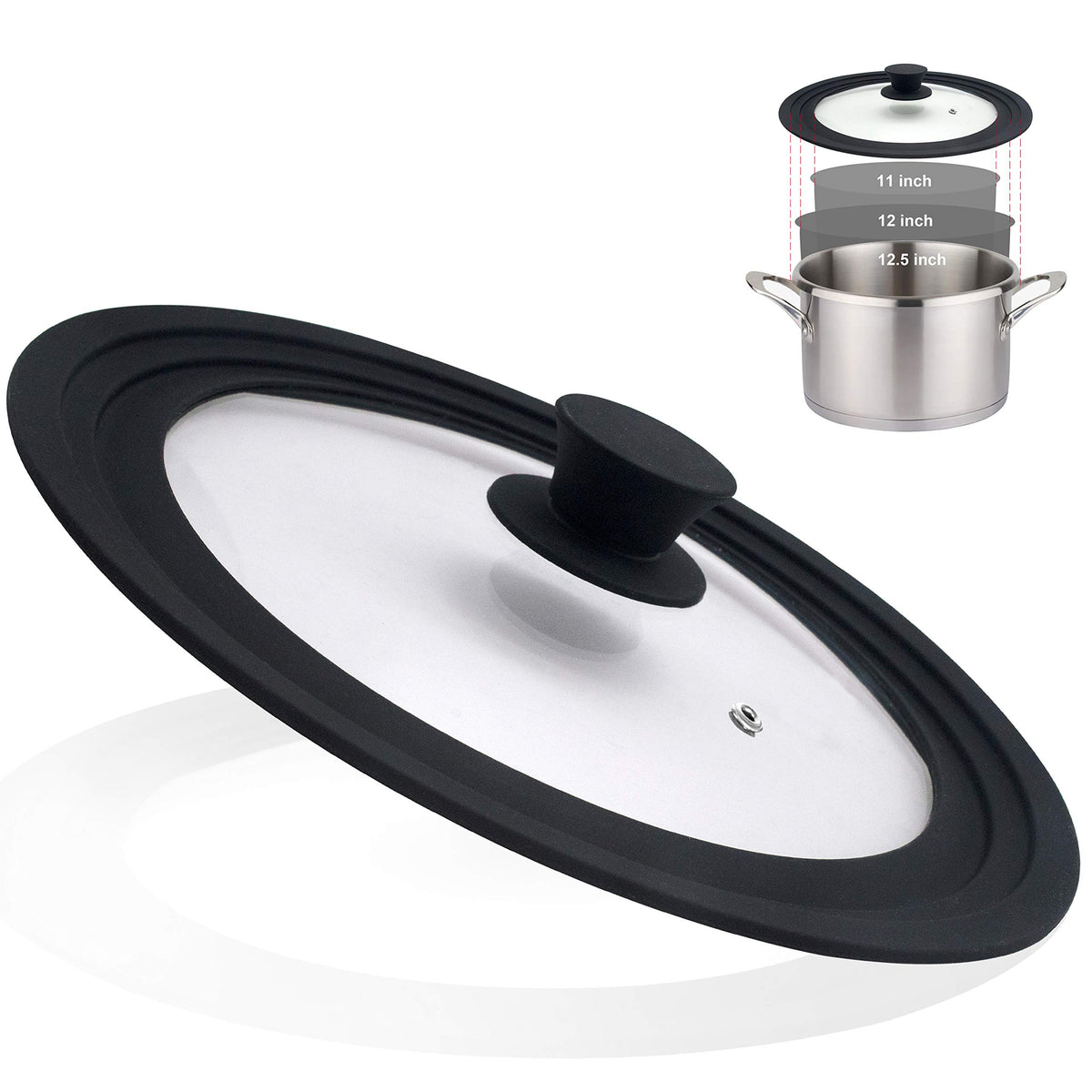 Walfos universal lid on an 11-inch cookware set showing space-saving fit