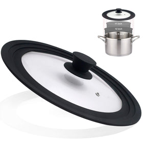 Walfos universal lid on an 11-inch cookware set showing space-saving fit