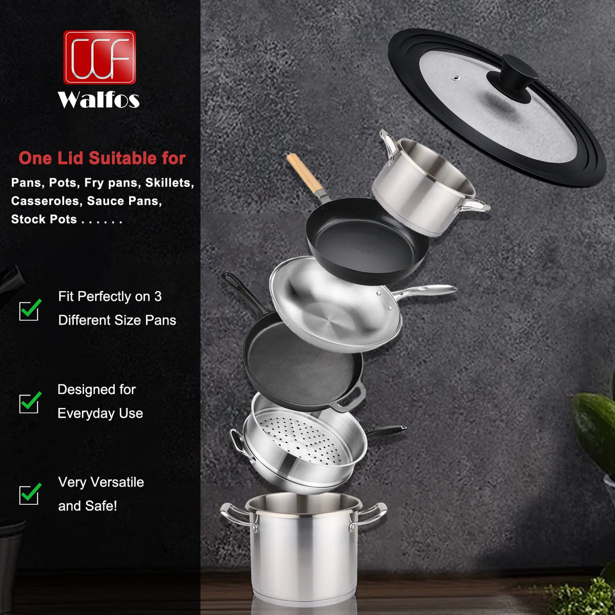 Walfos universal lid for 11-inch pots with heat-resistant silicone rim