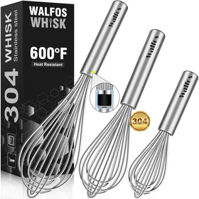 Walfos 11-inch heavy-duty whisk for robust batter and smooth sauces.
