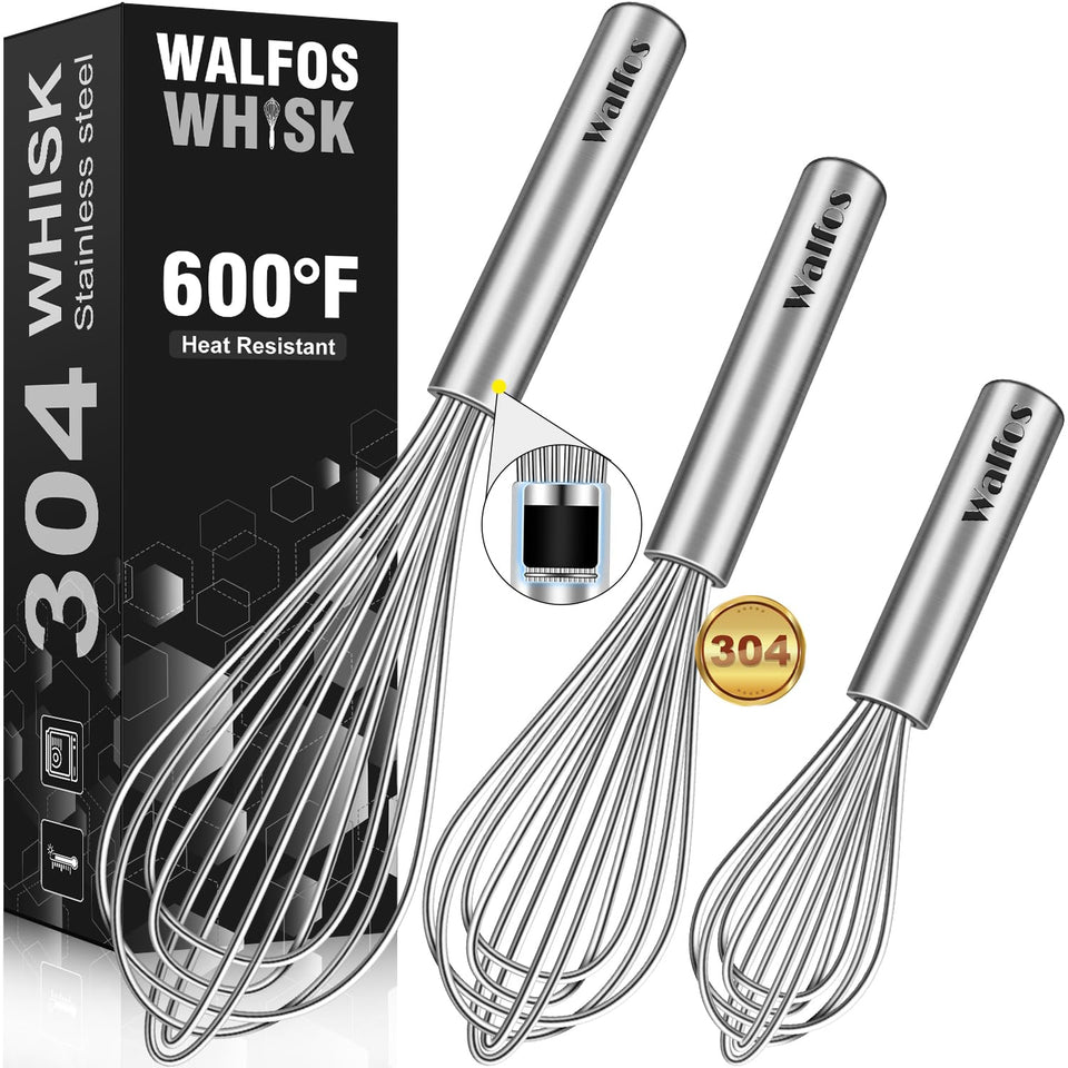 Walfos 11-inch heavy-duty whisk for robust batter and smooth sauces.