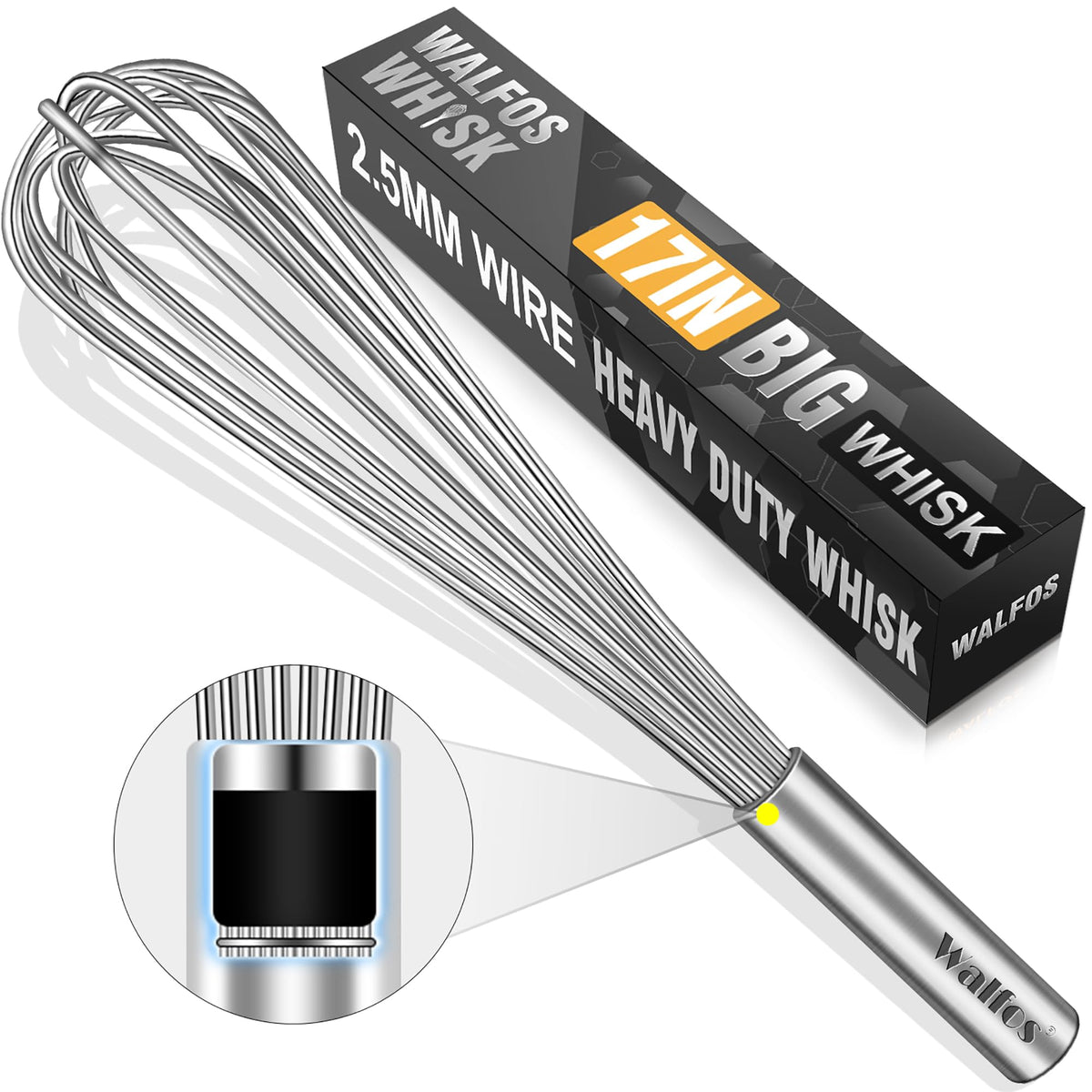 Walfos 17in heavy-duty whisk with thick wires for large batches.