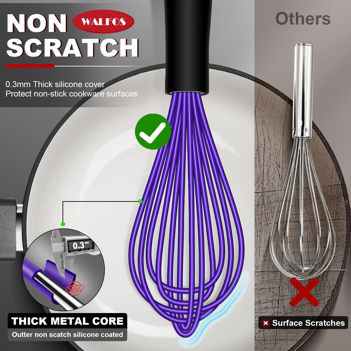 Walfos 7-inch green silicone whisk smooths sauces without scratching surfaces