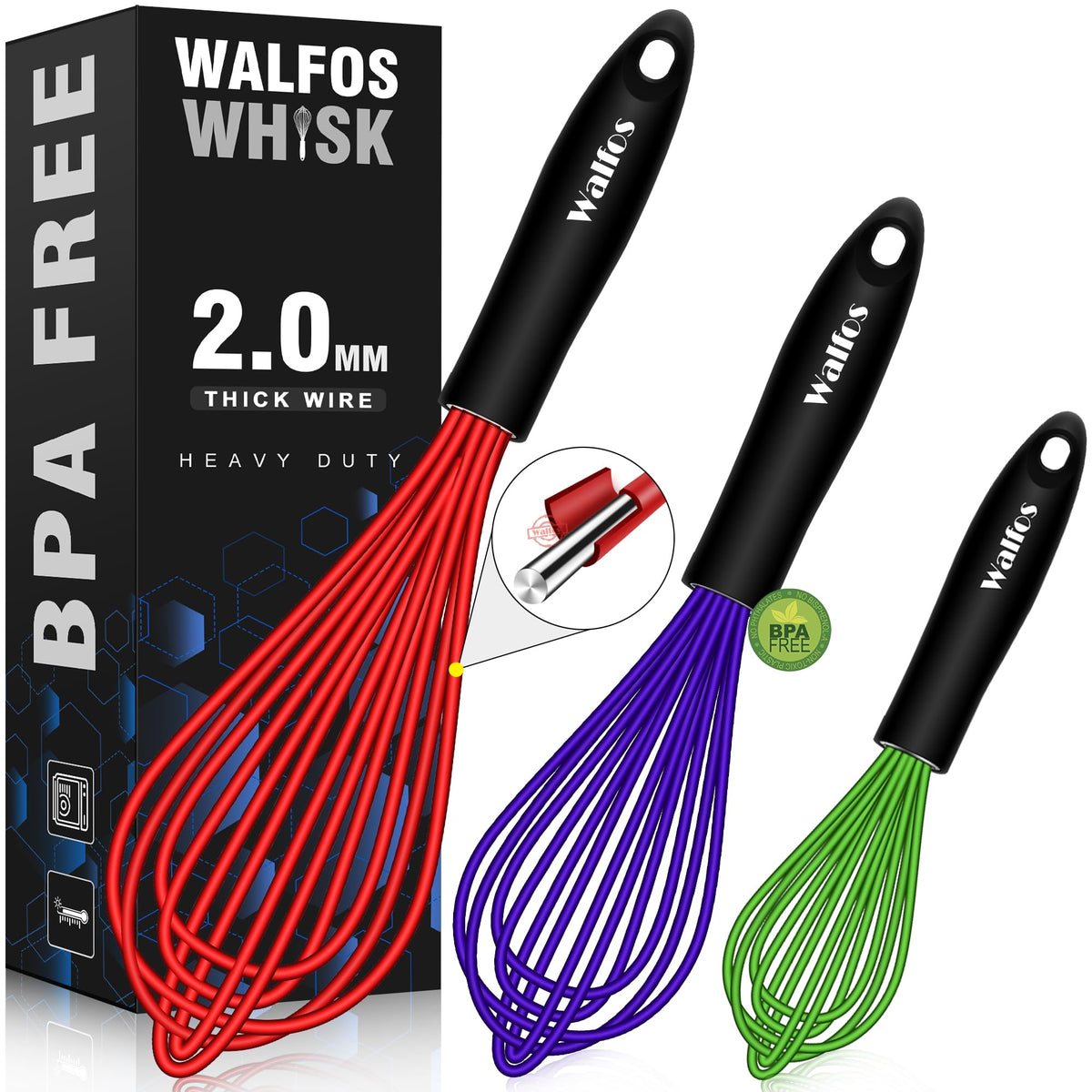 Walfos 7-inch red silicone whisk protects nonstick cookware while blending