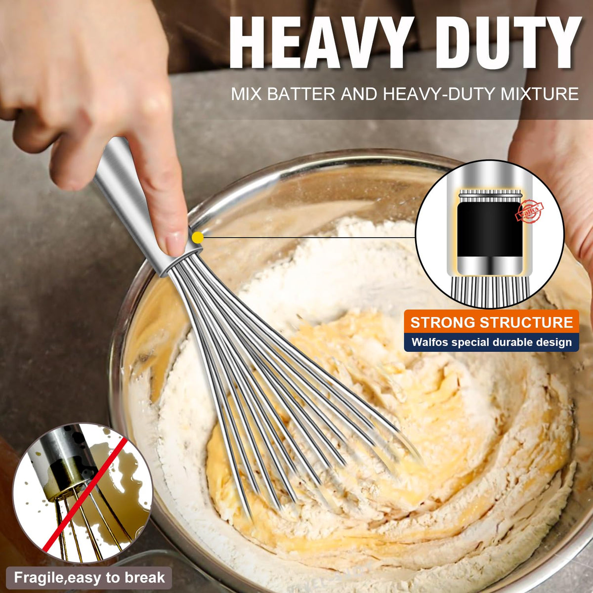 Walfos 7-inch compact whisk great for vinaigrettes and small bowls.