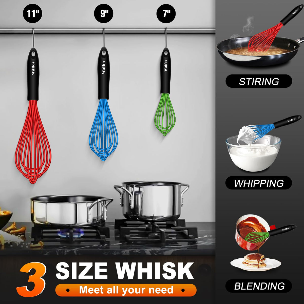 Walfos 9-inch red silicone whisk versatile for mixing batters