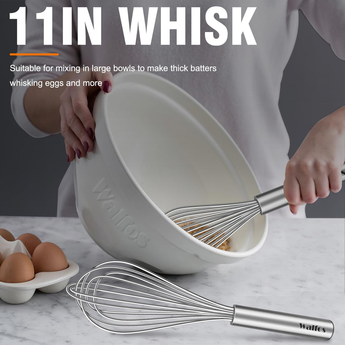 Walfos whisk wires are evenly spaced for smooth liquids.