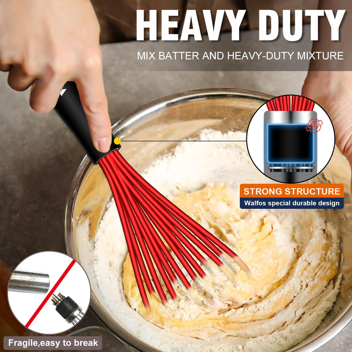Walfos ergonomic plastic handle provides comfortable grip during whisking