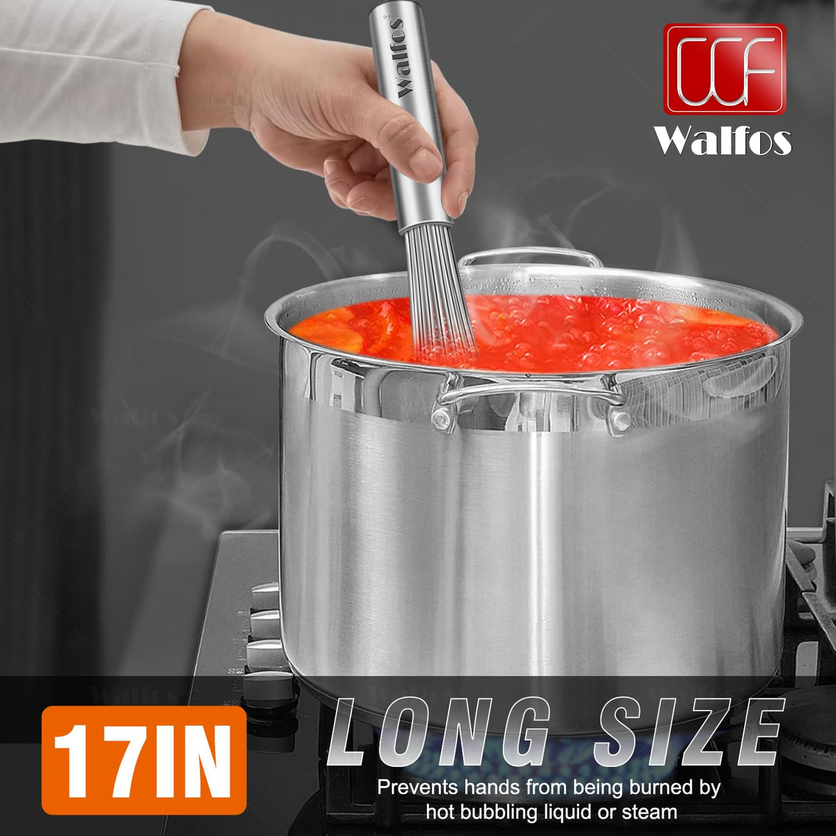 Walfos whisk withstands up to 600°F for hot mixing tasks.