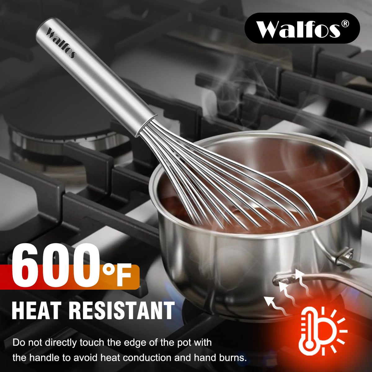 Walfos heat-resistant up to 600°F whisk handles hot mixtures.