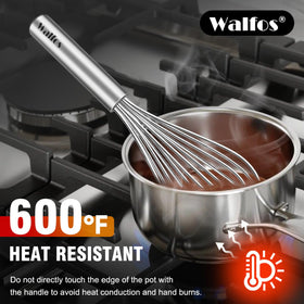 Walfos heat-resistant up to 600°F whisk handles hot mixtures.