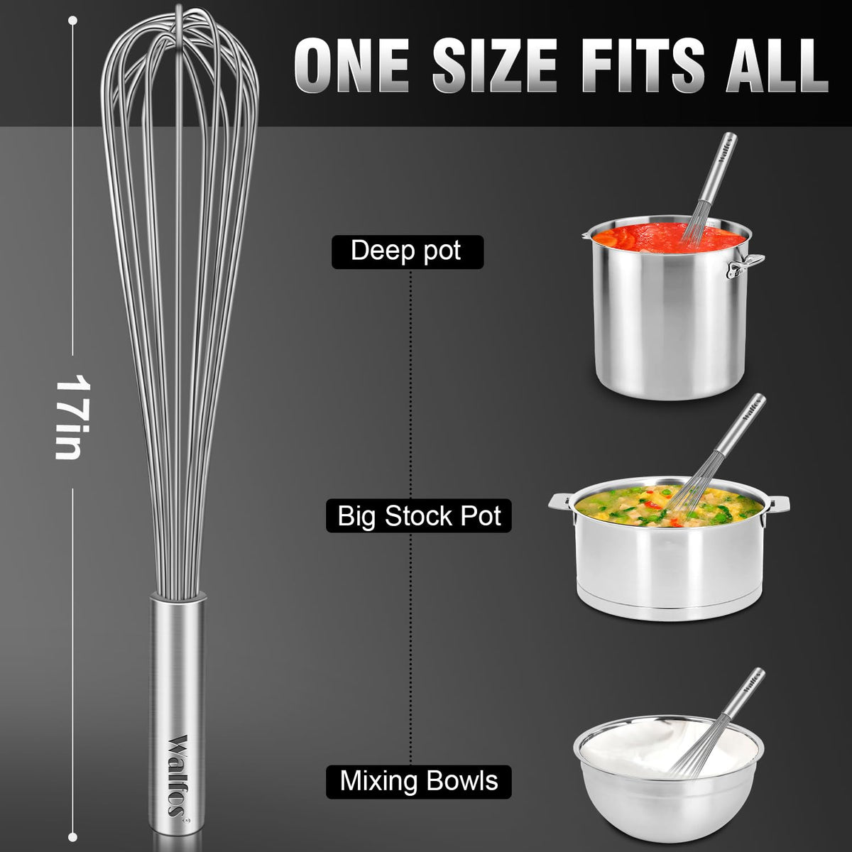 Walfos large-capacity whisk designed for powerful mixing in bulk.