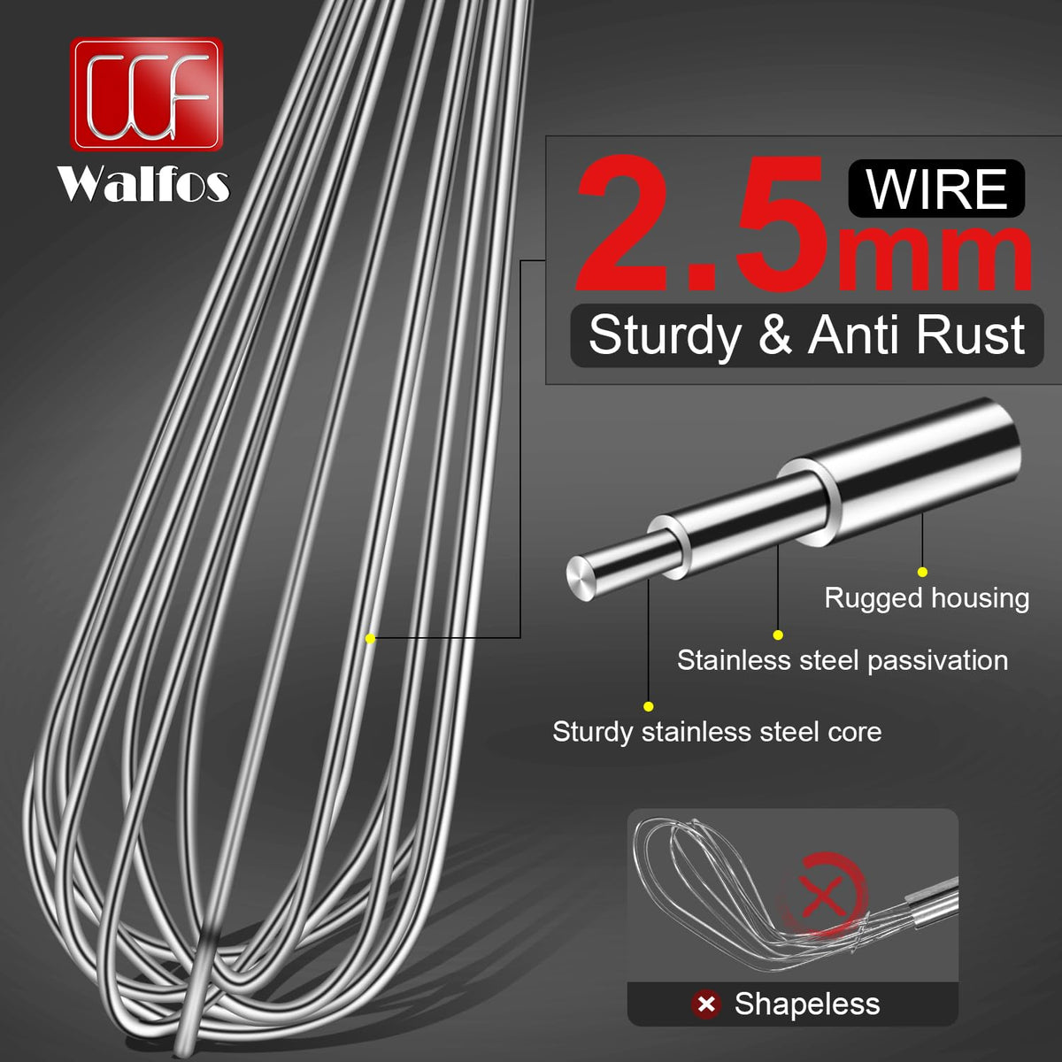 Walfos whisk with sealed handle design prevents water entry.