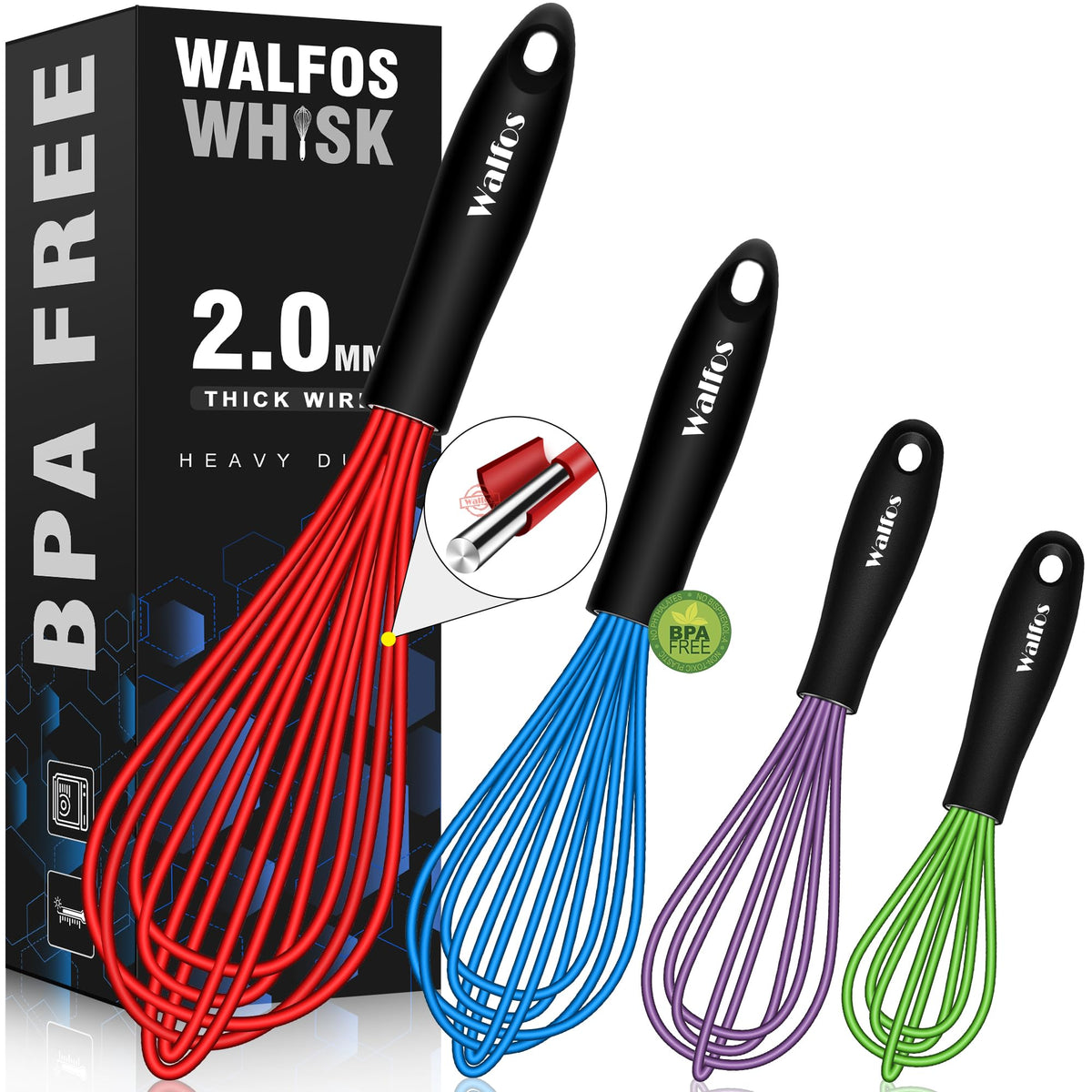 Walfos silicone coated whisk four piece set ready for non stick cooking
