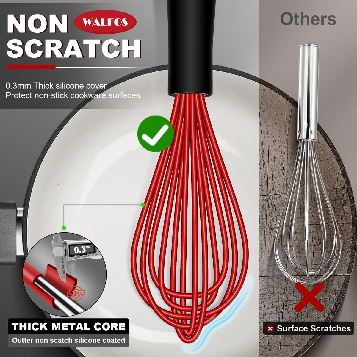 Walfos whisk stainless steel core with silicone coating protects cookware