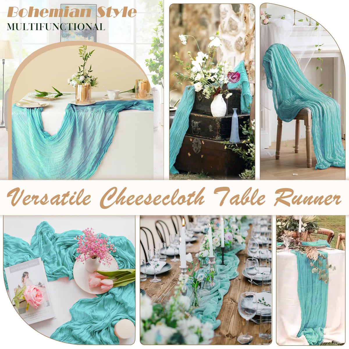 Waligoy teal cheesecloth table runner drapes softly for elegant tablescapes