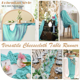 Waligoy teal cheesecloth table runner drapes softly for elegant tablescapes