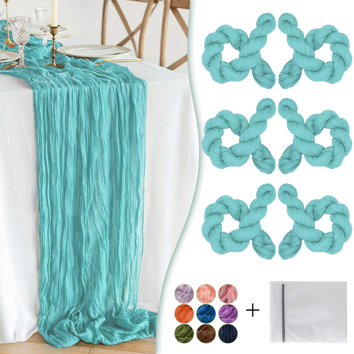 Waligoy teal cheesecloth table runner with wrinkle texture for rustic charm