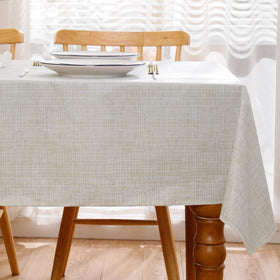 Walrus beige-striped tablecloth showcases waterproof, easy-clean durability for indoor and outdoor dining