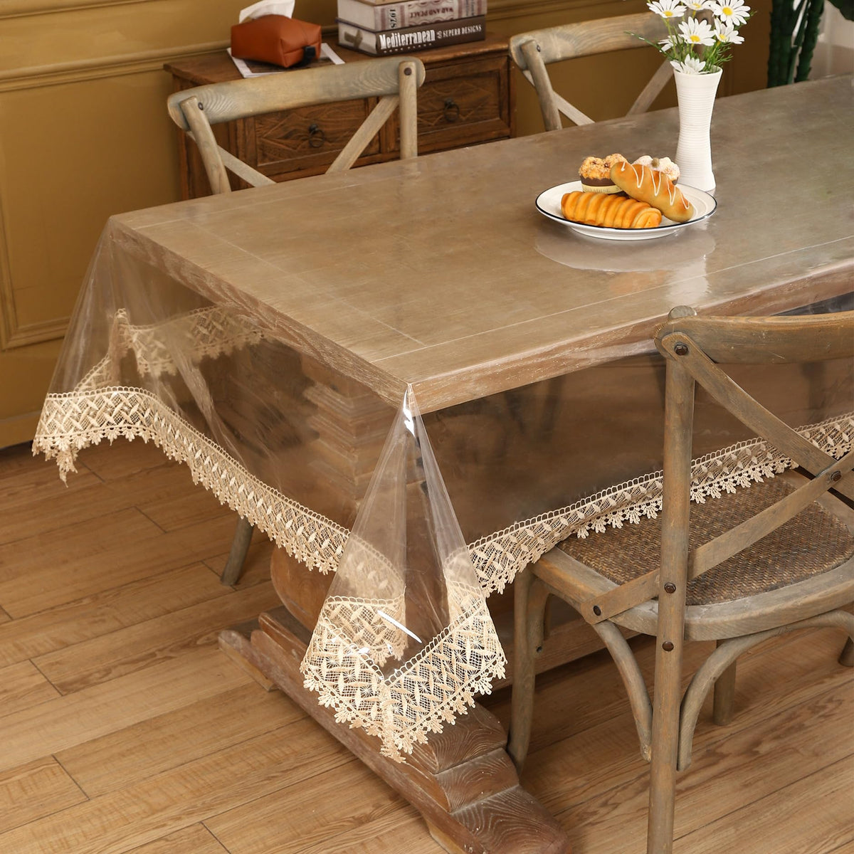 Walrus transparent table cover placed on a wood dining table